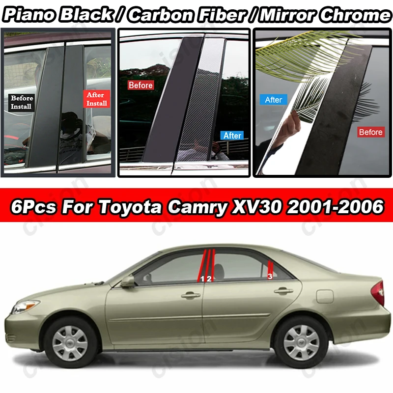 Glossy Carbon Fiber Chrome Black Door Window Center Middle Column B C Pillar Post Cover Trim Sticker For Toyota Camry ACV30 XV30