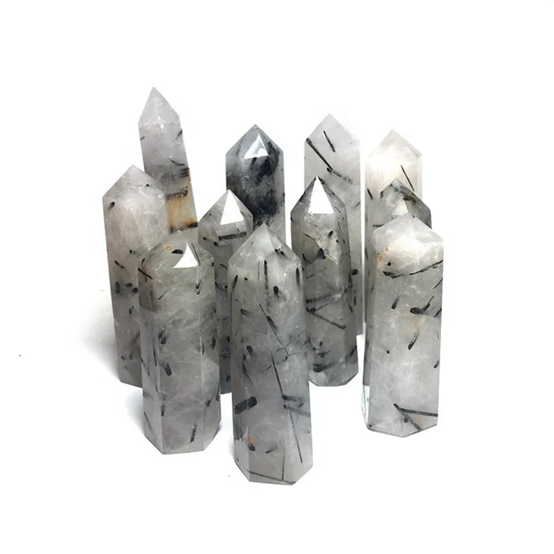 60-70mm Natural Black Tourmaline Quartz Rutilated Crystal Point Wand Hexagonal Obelisk Column Healing Treatment Stone Rock Craft