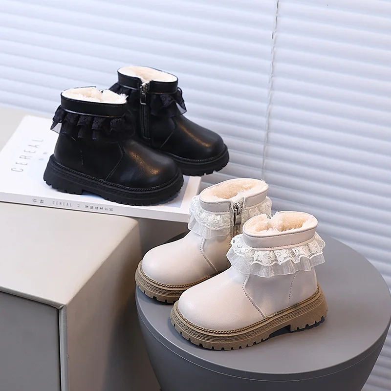 

Fashion Lace Warm Plush Girl Boots for Children's Snow Boots Child Girl Winter Leather Shoes Kid Winter Zipper Boots Size 21-30