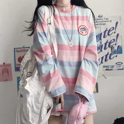 2023 New Spring Women T-shirt Long Sleeve Loose Harajuku Sweet Cute Color Stripes Thin Female Tops Pullovers Causal