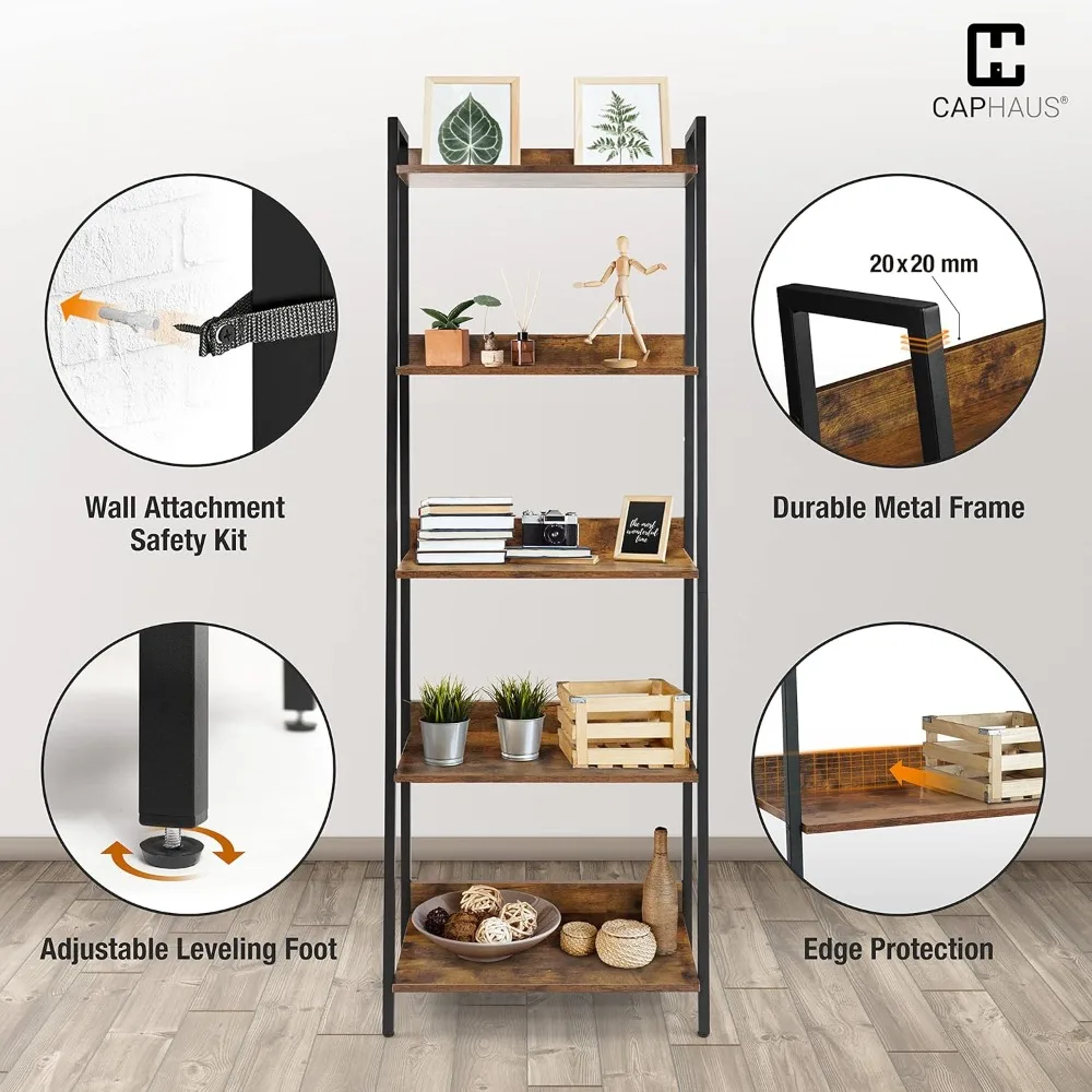 5 Tier Ladder Bookshelf, 24 Inch Width Free Standing Shelf, Bookcase Shelf Storage Rack Organizer, Industrial Book Shelves for