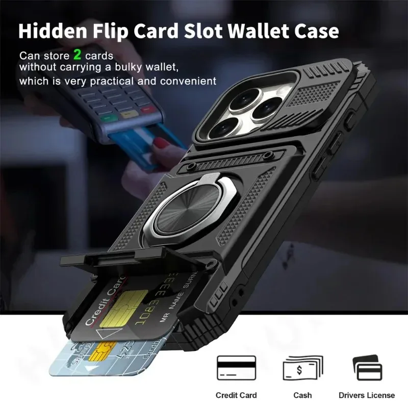 

HPOD DesignedMilitary quality Case For iPhone 17 Pro Max Magnetic Rotated Ring Kickstand Heavy Duty Drop Protection Wallet Cover