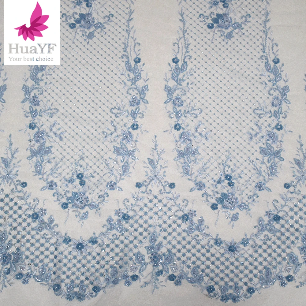 

1 Yards New Design African Baby Blue Beaded Bridal Lace Fabric With Sequins Luxurious Embroidery Nigerian Mesh Lace HY2602