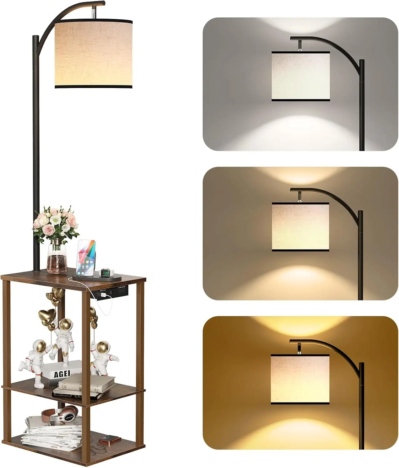 

Modern Floor Lamp with Side Table, USB & AC Charging Station, 3-Color LED for Living Room, Bedroom