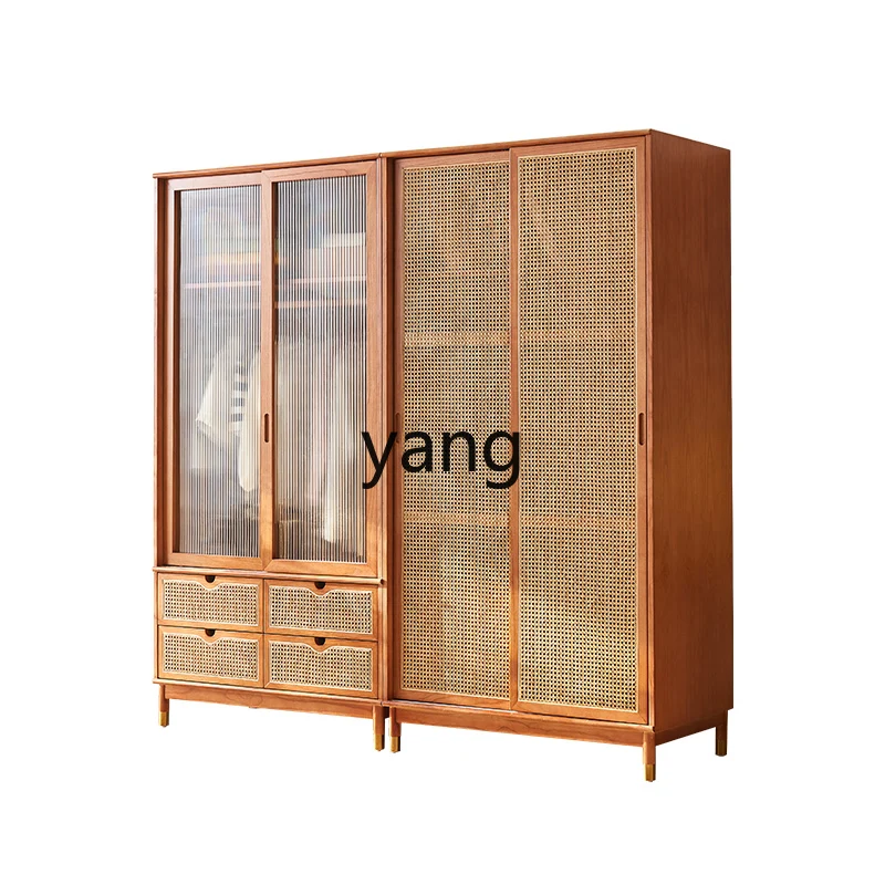 

CX solid wood double door wardrobe bedroom storage household sliding door rattan wardrobe