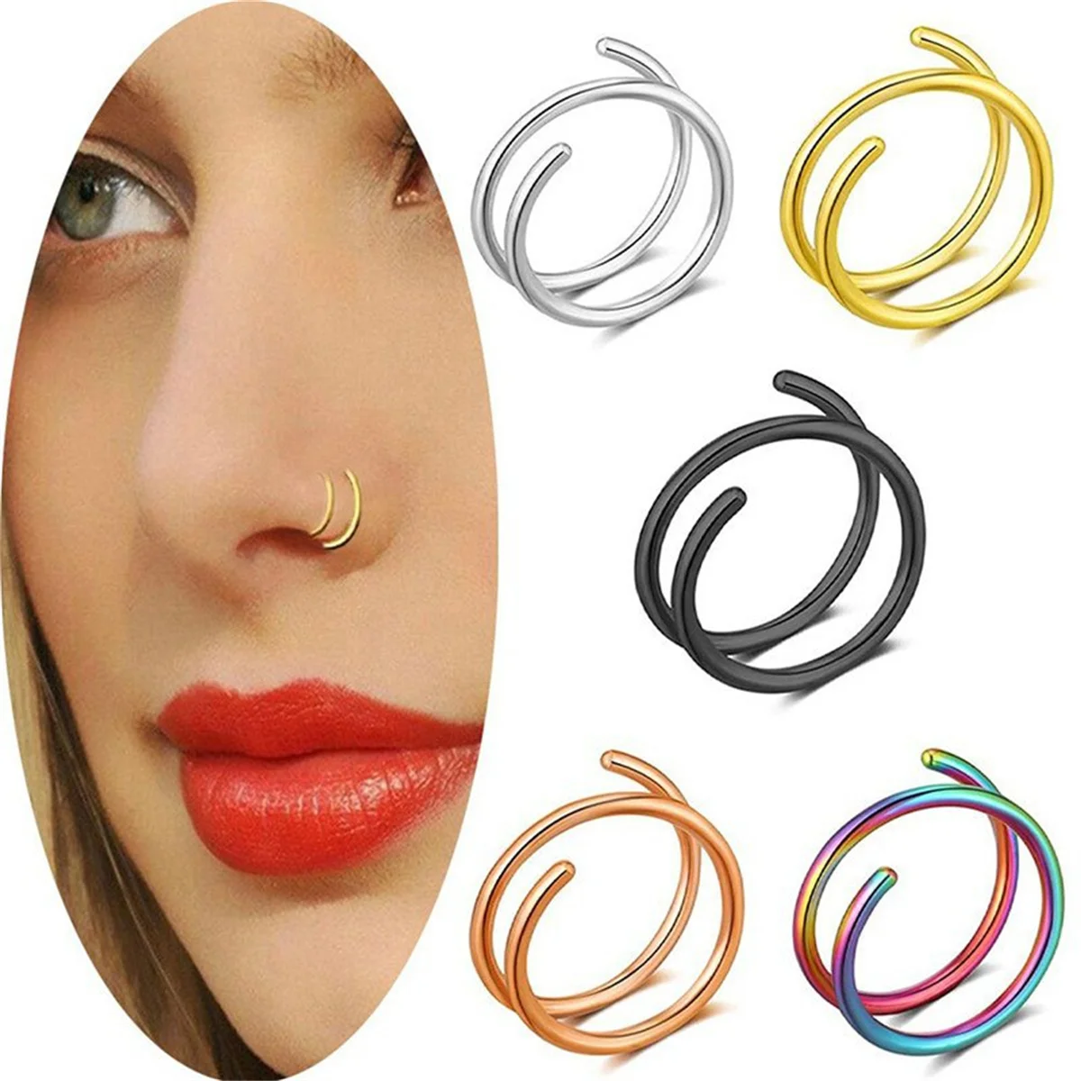 1pc Fashion Stainless Steel Twist Spiral Nose Rings,Single Double Hoop Lip Rings Cartilage Daith Rook Helix Piercing Jewelry