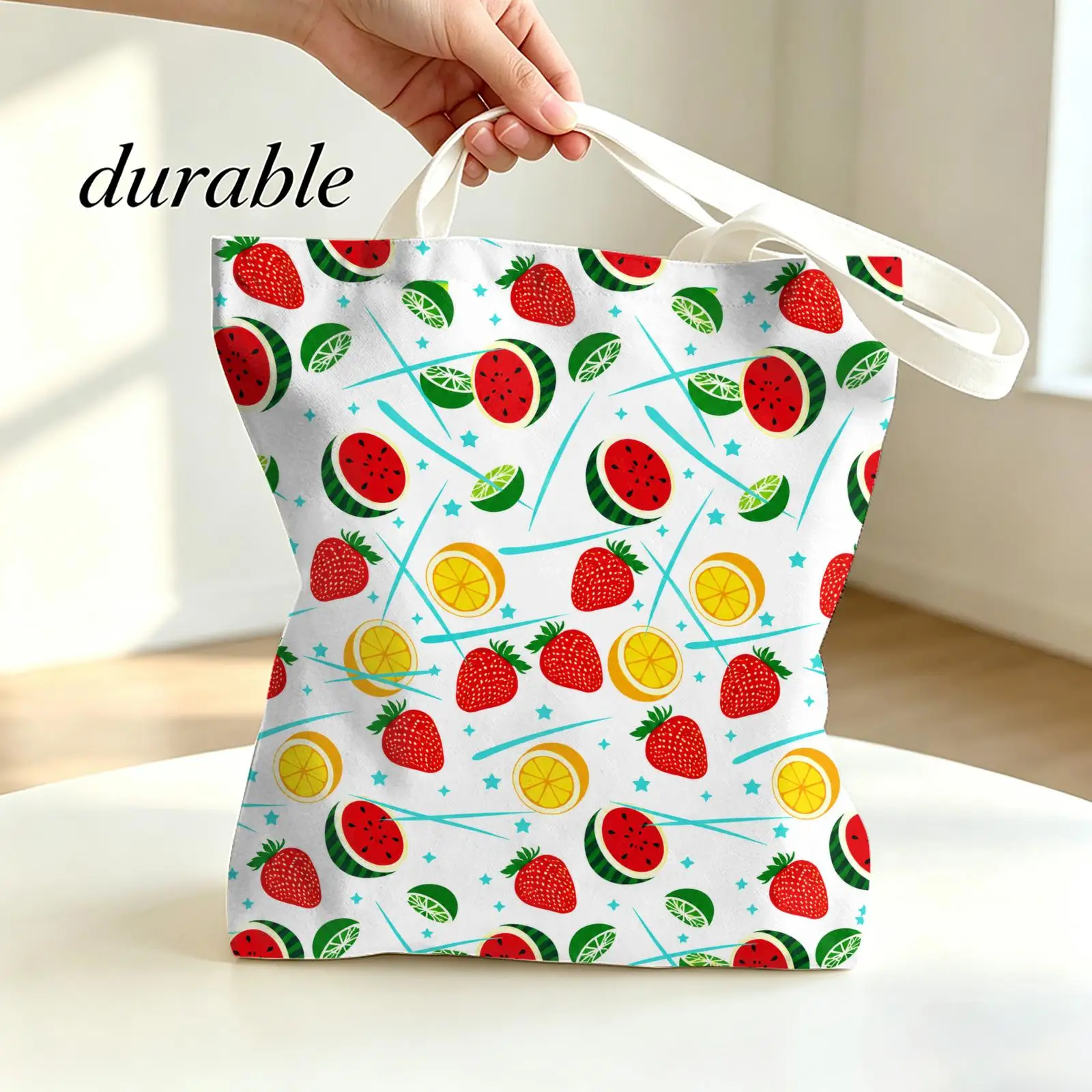 Summer Mixed Fruits Storage Bags Canvas Tote Bag Double-Sided Print Lightweight Shoulder Travel Beach Bag Gift Eco