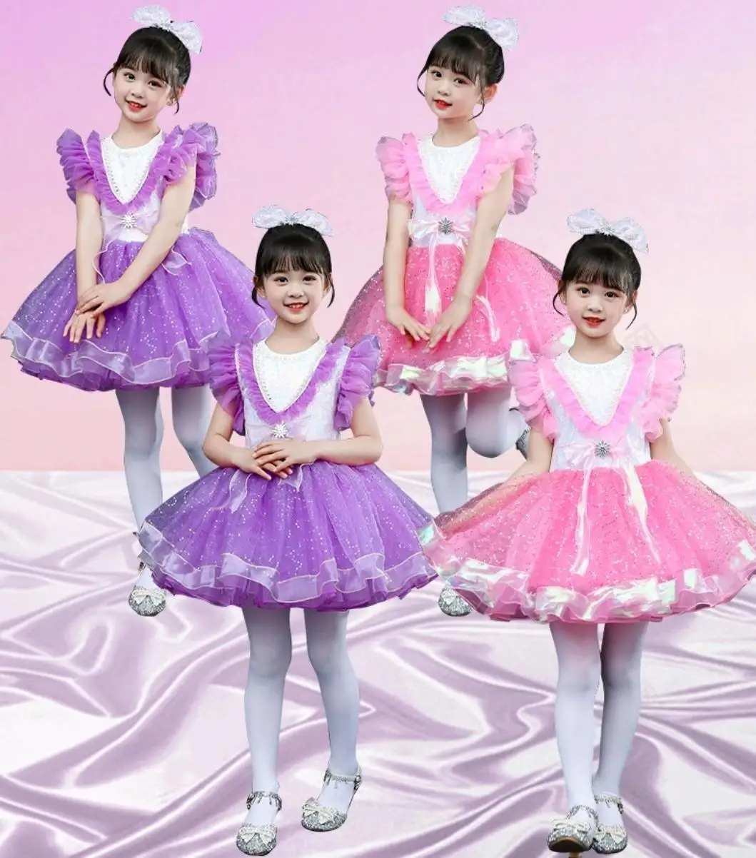 Robe tutu de danse moderne à paillettes pour enfants, costume de danse jazz pour enfants, robe de princesse de mariage pour tout-petits, vêtements de scène pour filles, salle de Rh