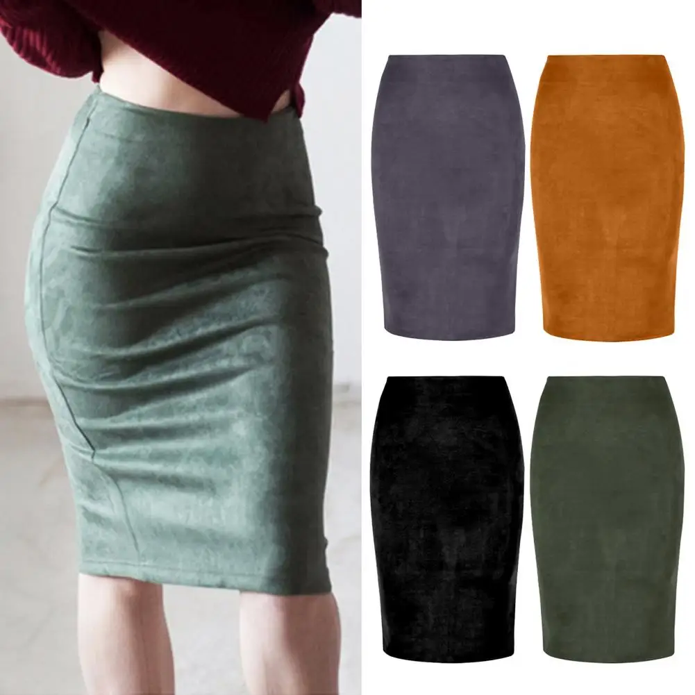 

Autumn Winter Women Skirts Suede Solid Color Pencil Skirt Female High Waist Bodycon Vintage Suede Split Thick Stretchy Skirts