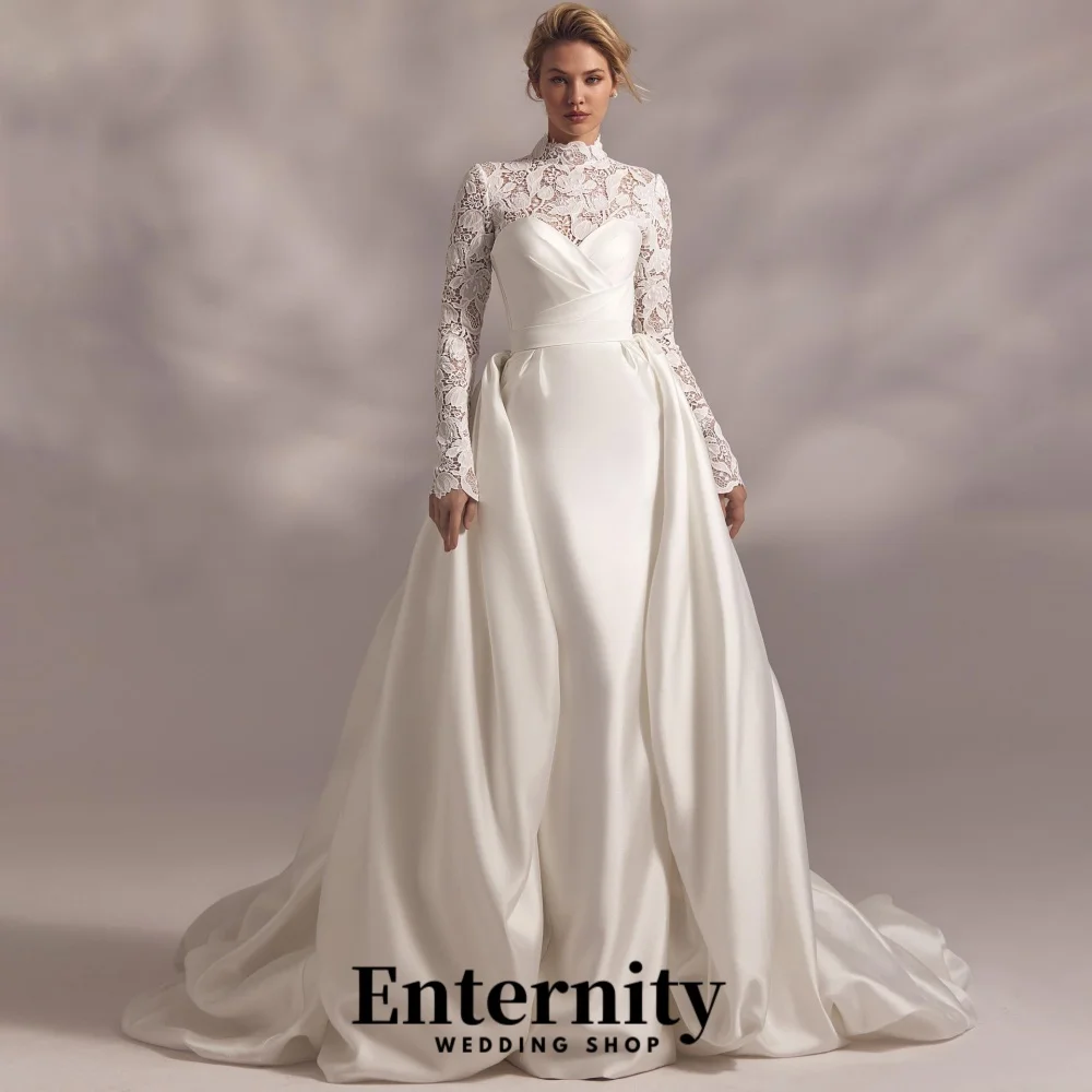 Personalizado encantador zíper vestido de casamento renda applique requintado alta divisão manga longa vestido de noiva cinta vestidos de novia