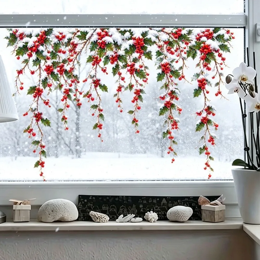 Red Berries Christmas Electrostatic Stickers Vivid Color No-Glue Static Window Decals Reusable PVC Snow House Glass Stickers