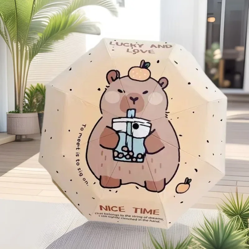 8-Bone Kapybara التلقائي الأسود المطاط المطر وتألق ثنائي الاستخدام مظلة واقية من الشمس المحمولة للطي عززت مظلة الطالب #2