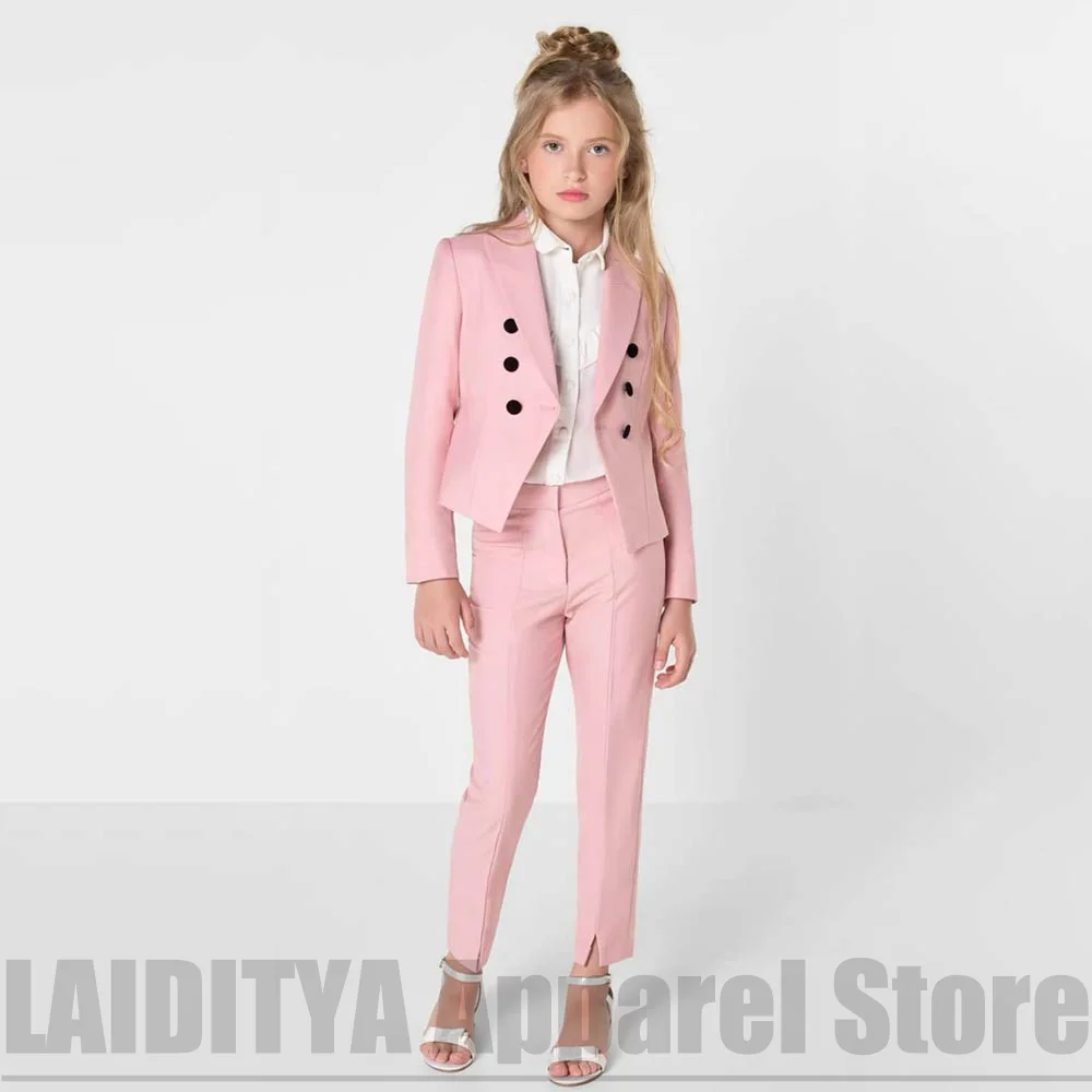 Girls Pink Double Breasted Suit 2 Piece Blazer And Split Hem Pants Formal Outfit Birthday Wedding Party Kids Fashion Clothes Set