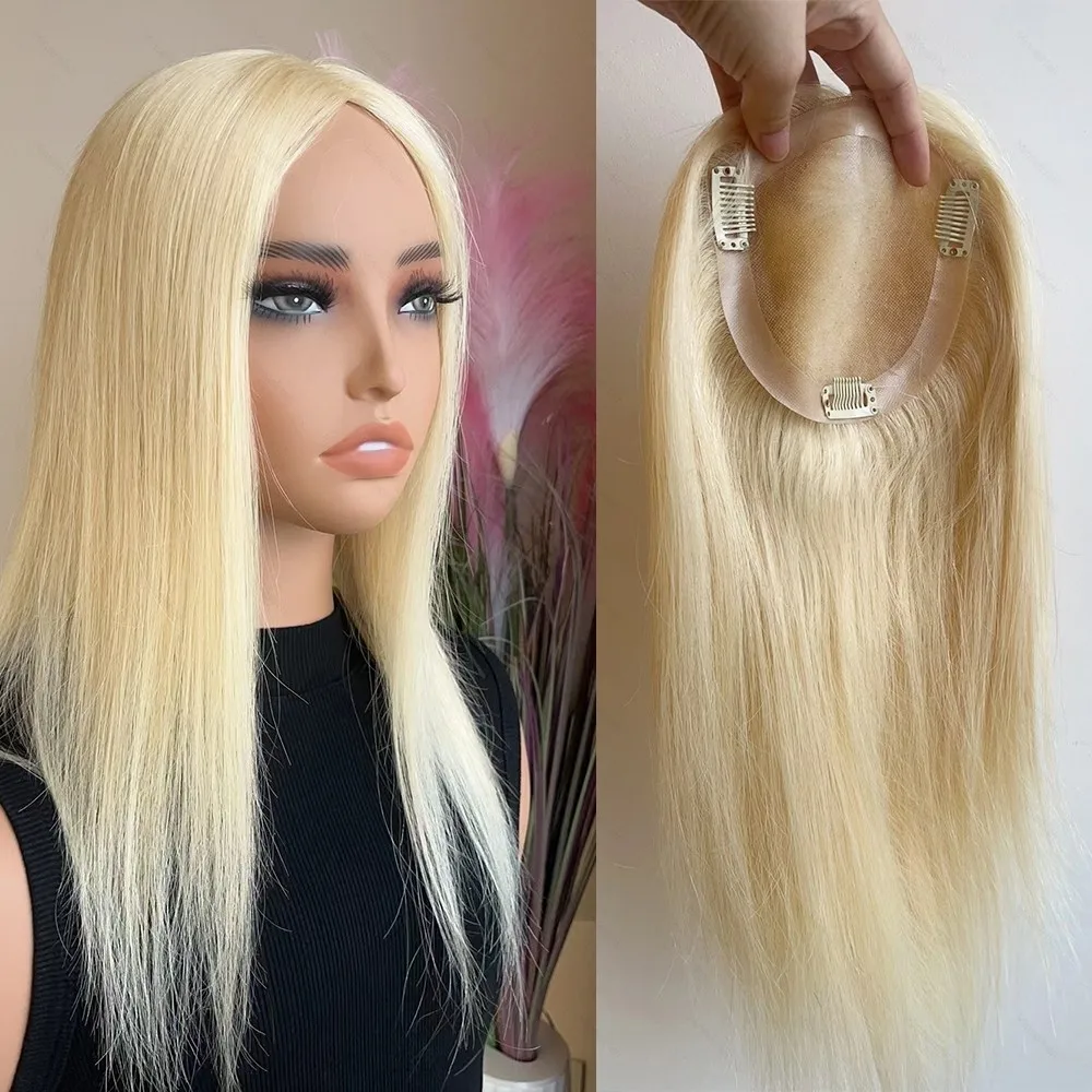 Berambut pirang # 613 Topper Rambut Asli Manusia 5x5 inci Basis Mono 14 inci Rajutan Tangan Bernapas Rambut Remy Buatan Mesin Dapat Diwarnai Dengan Mudah