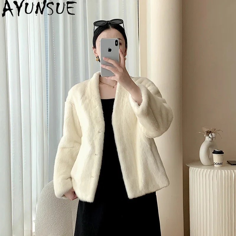 

AYUNSUE куртка из натурального норкового меха, женская модная куртка из цельного норкового меха с v-образным вырезом для женской одежды, высокое качество, 2025, Abrigo Mujer