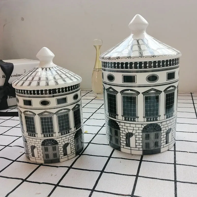 European Ceramic Storage Jar Classical Black White Architectural Jar Bedroom Desktop Jewelry Cosmetic Scented Candle Storage Box