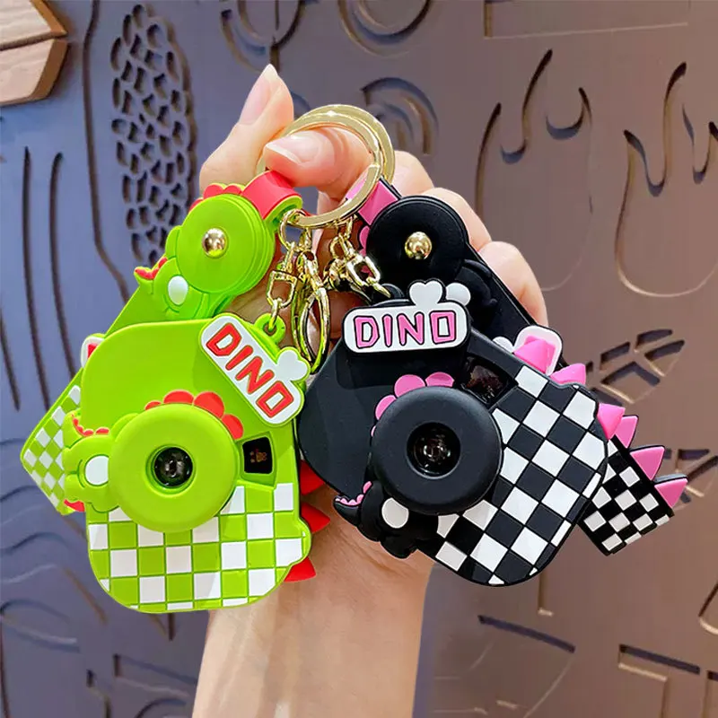 Cute Cartoon Dinosaur Camera Keychain Fashion Grid Mini Projector Camera Key Chain Backpack Accessory for Couple Women Kids Toys