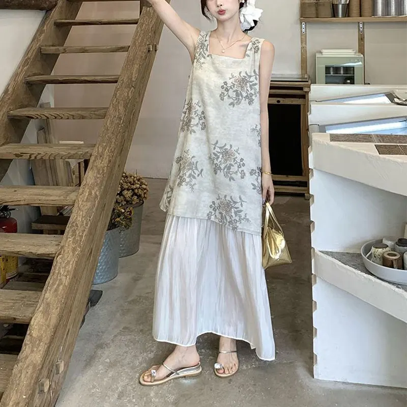 Folk Vintage Floral Printed Dresses Summer Stylish Patchwork Women's Clothing Square Collar Casual Straight Slip Long Dress New