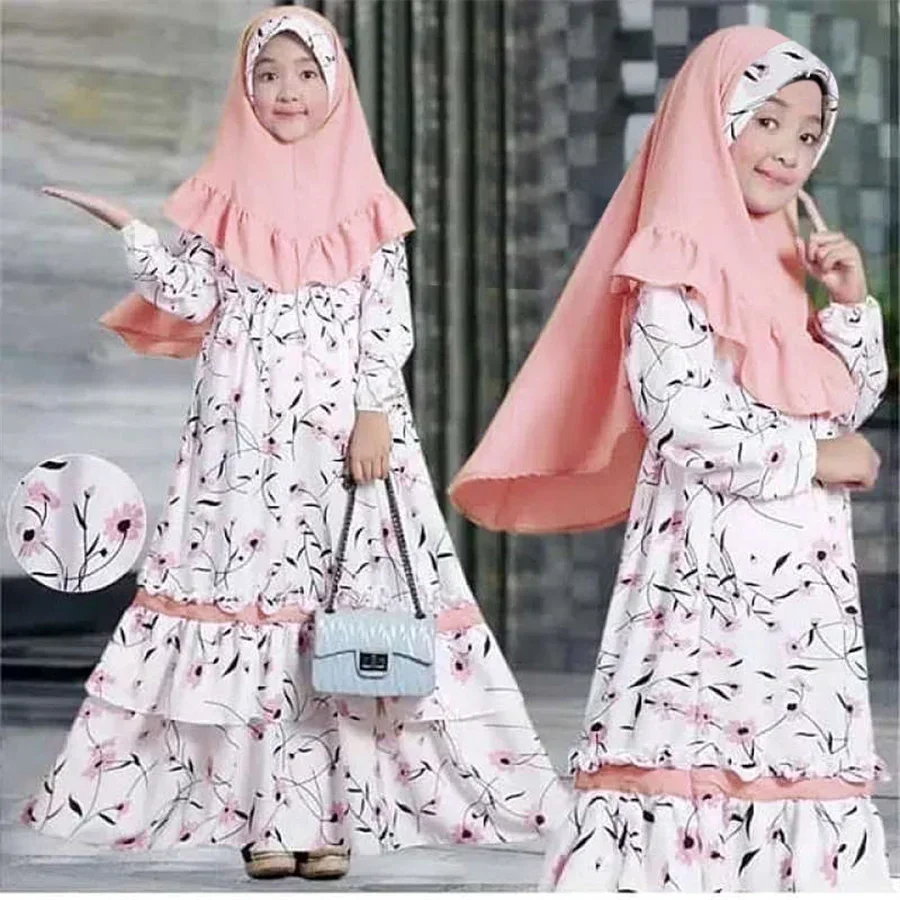 Muslim Girls Abaya Flower Print Hijab Maxi Prayer Dress Headscarf Sets Cute Kids Islamic Arab Robe Kaftan Dubai Ramadan Clothes