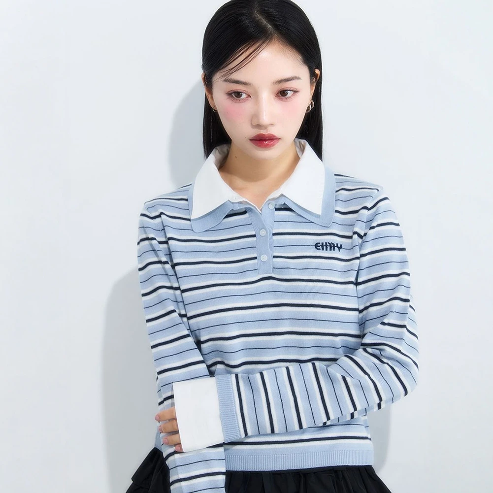 2025 Spring and Autumn Fashion Lady Japanese Style Fake Two-Piece Sweater Women's Polo Collar Knitted Long Sleeve Pullover Top