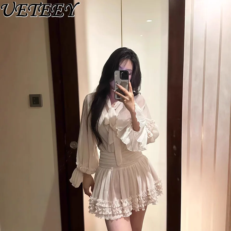 ฤดูใบไม้ผลิฤดูร้อนสีทึบ Ruffled แขนยาว V คอ Bow Tie สามมิติไม้หู WAVE EDGE ชุดเดรสสั้นสําหรับผู้หญิง