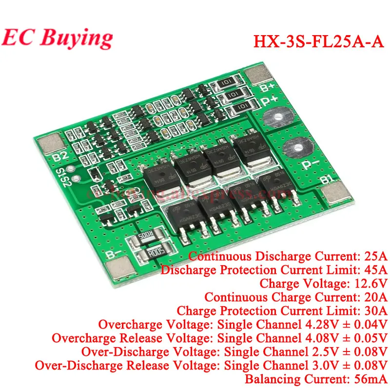 3S 11.1V 12.6V 12V 25A 18650 Lithium Lipo Cell Battery Charger Board Li-ion Battery Charging PCB BMS Protection Module Balanced