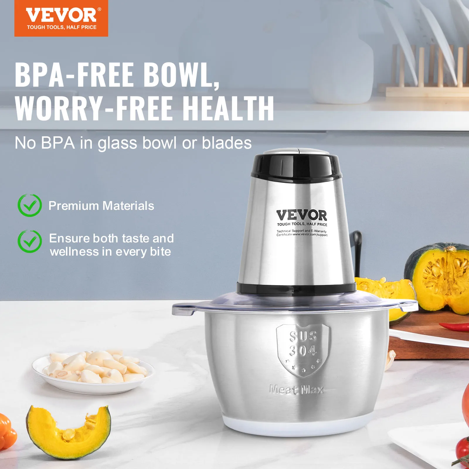 VEVOR Food Processor Electric Meat Grinder with 4-Wing Stainless Steel Blades8 Cup Stainless Steel Bowl for Baby Food