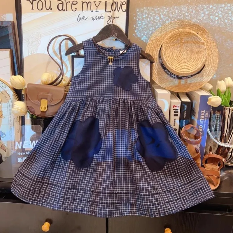 

TOY-Girls' Dress2025Summer Stylish New Baby Girl Embellished Vest Dress Children's Plaid Princess Dress