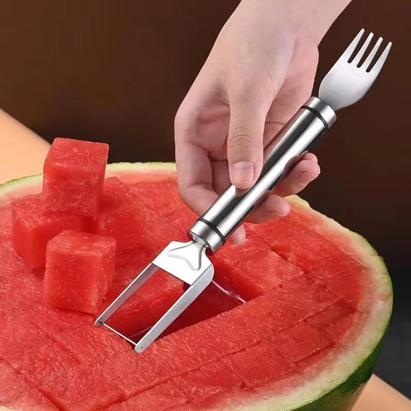 2 In 1 Stainless Steel Watermelon Slicer Fork Dual Head Melon Cutter Food Grade Heavy Duty Fruit Cutting Tool For Kitchen Gadget