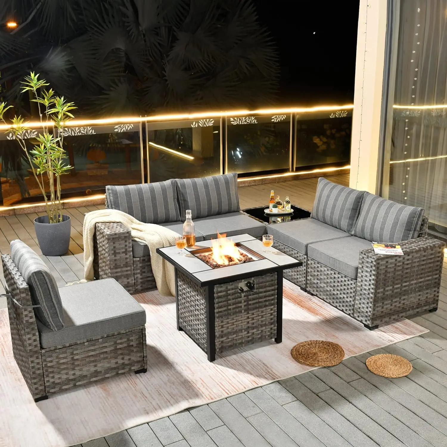 Modular Patio Outdoor Sectional Furniture Set Wicker Conversation Sofa Set,Out Door Couch Set (Grey Stripes/ Navy Blue)