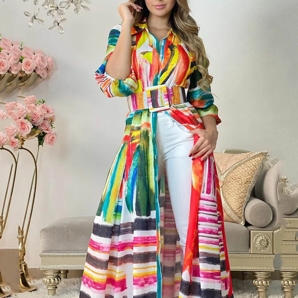 

2024 Autumn Women's Wear Europe and The United States New Color Printed Lace-up Long Shirt Dress Loose Cardigan Long Skirt
