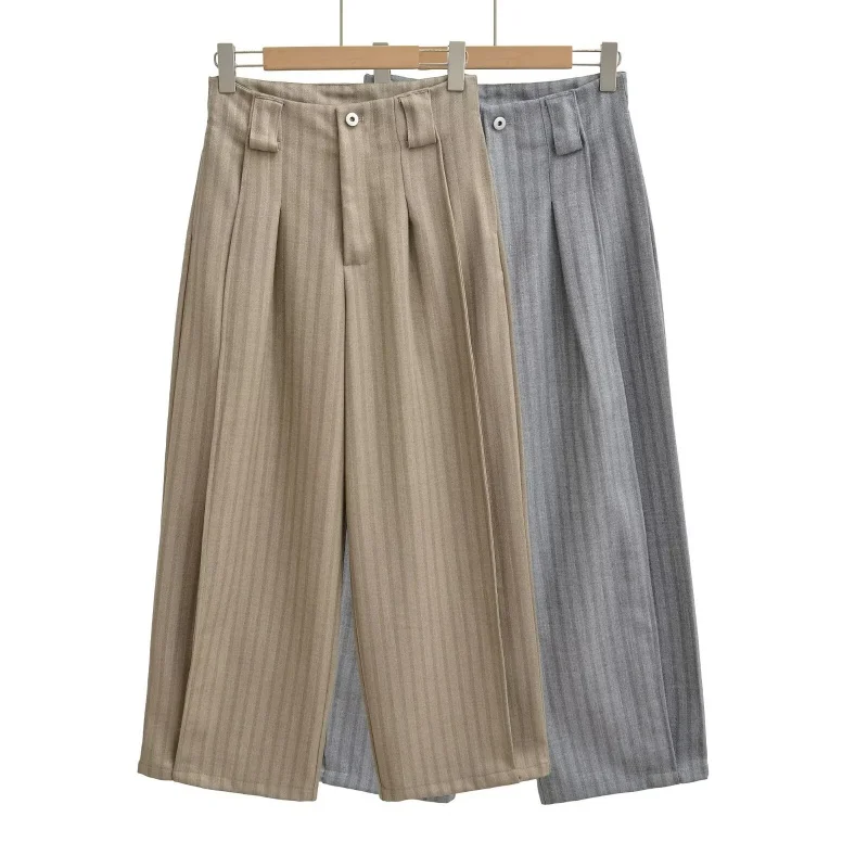 

Женские брюки с высокой талией и широкими штанинами, с вертикальными полосками, повседневные, прямого кроя, свободные, струящиеся, стройнящие, длинные, весна-лето