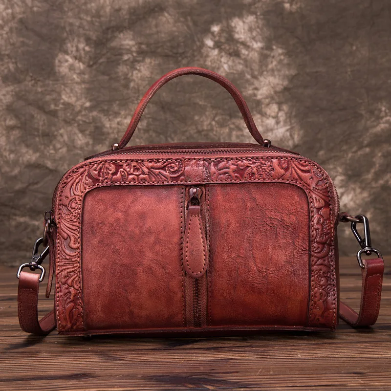 

Leather Pillow Bag Genuine Cowhide Crossbody Bag Retro Chinese Style Handmade Square Purse for Women