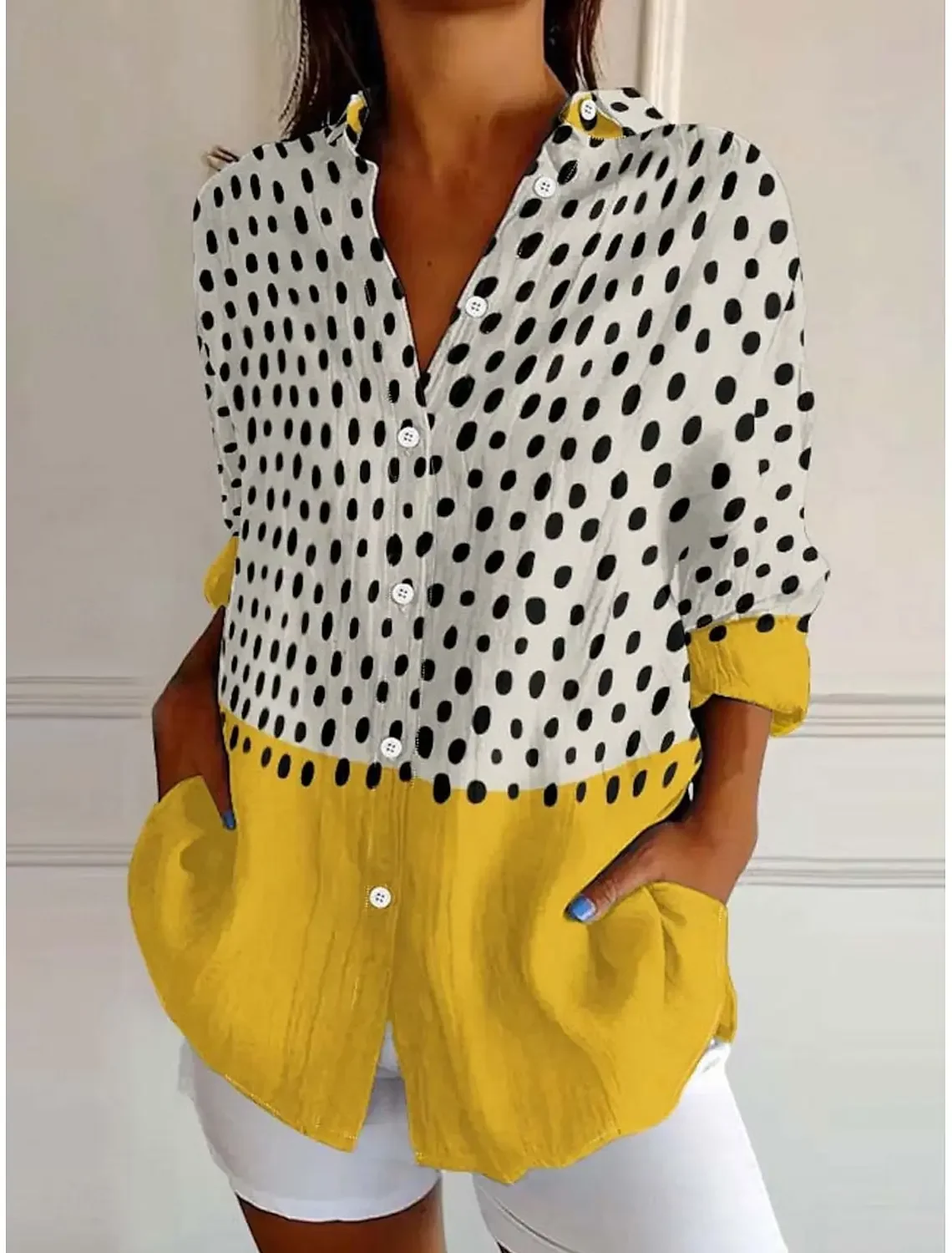 2025 Women Shirts Spring Summer Dot Graphics Blouse Lapel Neck Blouse Women's Long Sleeve Shirts Womens Clothes Female Clothing