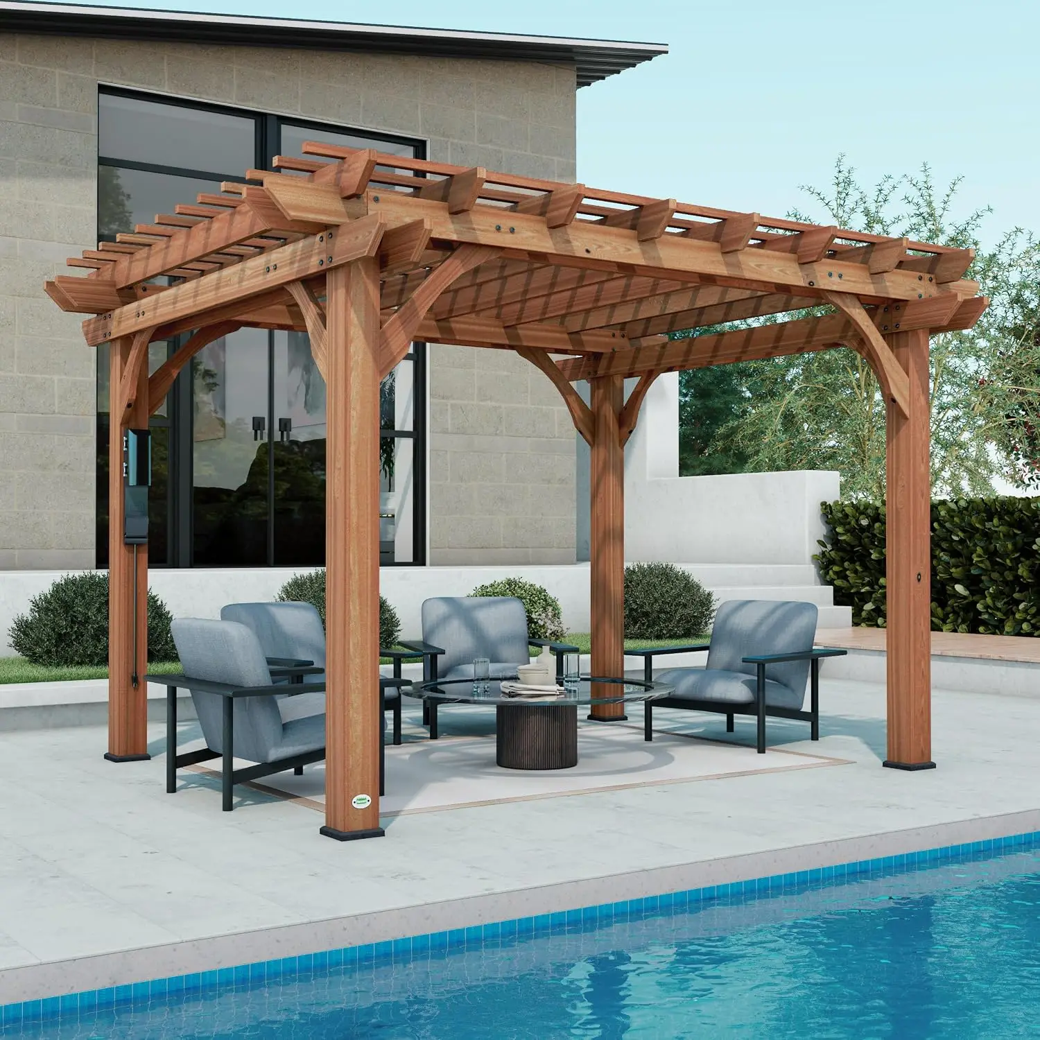 Beaumont 12' x 10' Traditional Cedar Wood Pergola Kit with Trellis Roof, All-Season Durability, High-Wind Rating, PowerPort, Sha