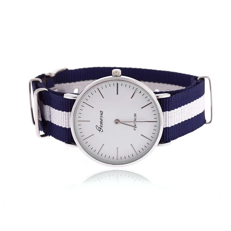 Reloj clásico a la moda con banda de nailon a rayas para mujer, reloj de pulsera de cuarzo de marca de lujo para hombre, reloj para mujer, simplicidad Neutral Simple