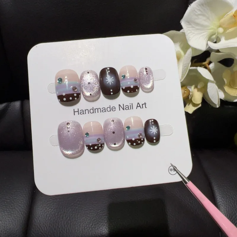 10PCS Aurora Purple Cat Eye Press on Nails Handmade Sweet Stripes Polka Dots French Short Squoval with Rhinestone Fake Nails Tip