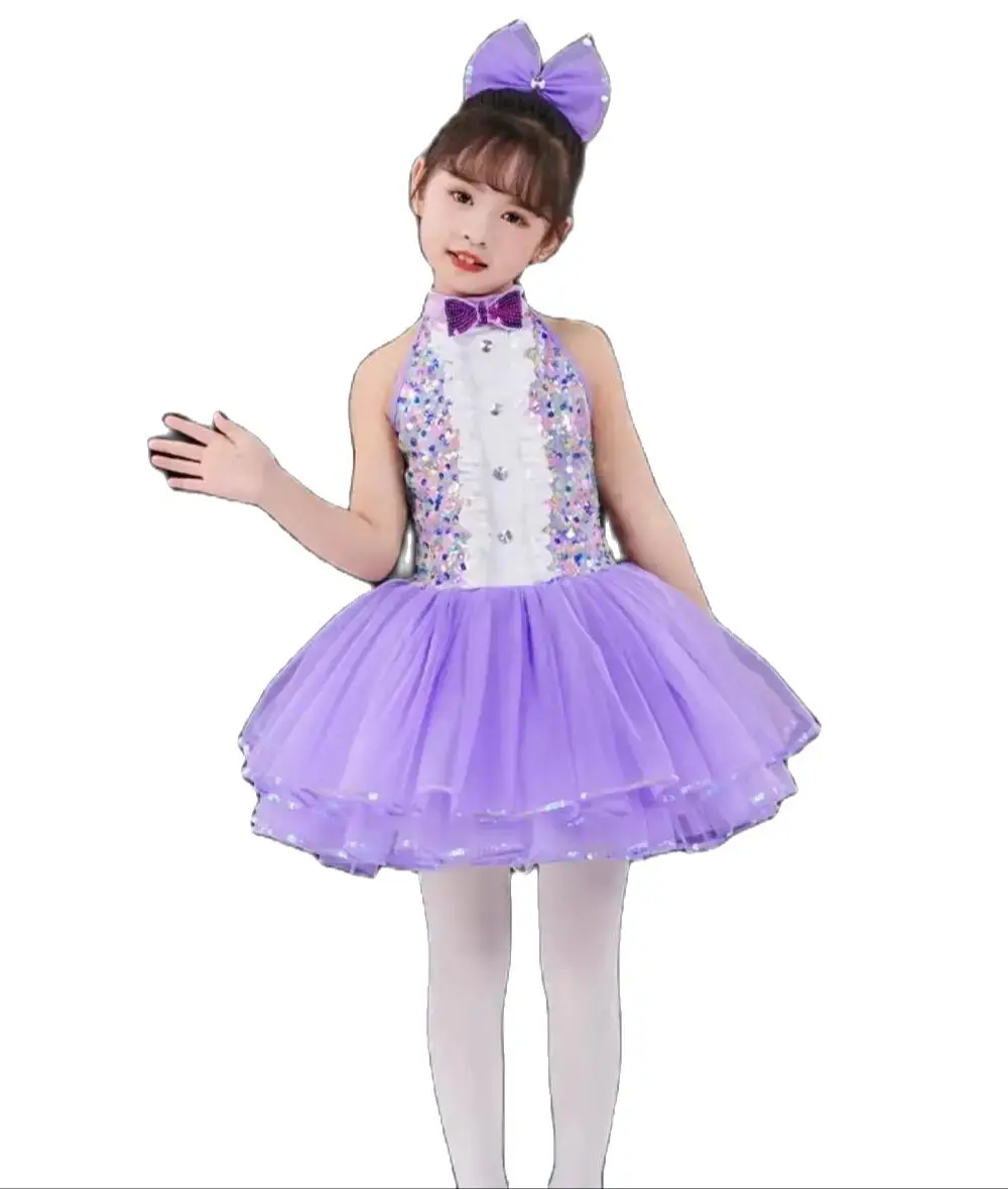 Disfraz de baile moderno con lentejuelas para niñas, ropa de escenario para niños pequeños, vestido de princesa de boda, púrpura, Jazz