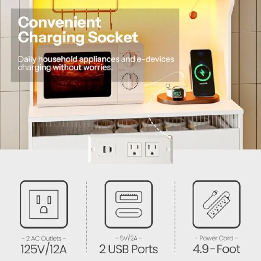 خزانة مخزن 67 خزانة تخزين مخزن المطبخ مع أضواء LED ومحطة شحن خزانة القفص الحديثة مع ستان الميكروويف