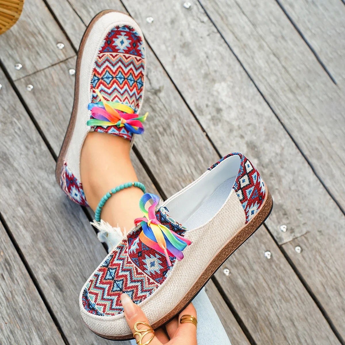 Women's Mixed colors linen Lace-Up Shoes Fashion casual sneakers Woman Comfortable lightweight Cloth flat Shoes Zapatos De Mujer - view 5