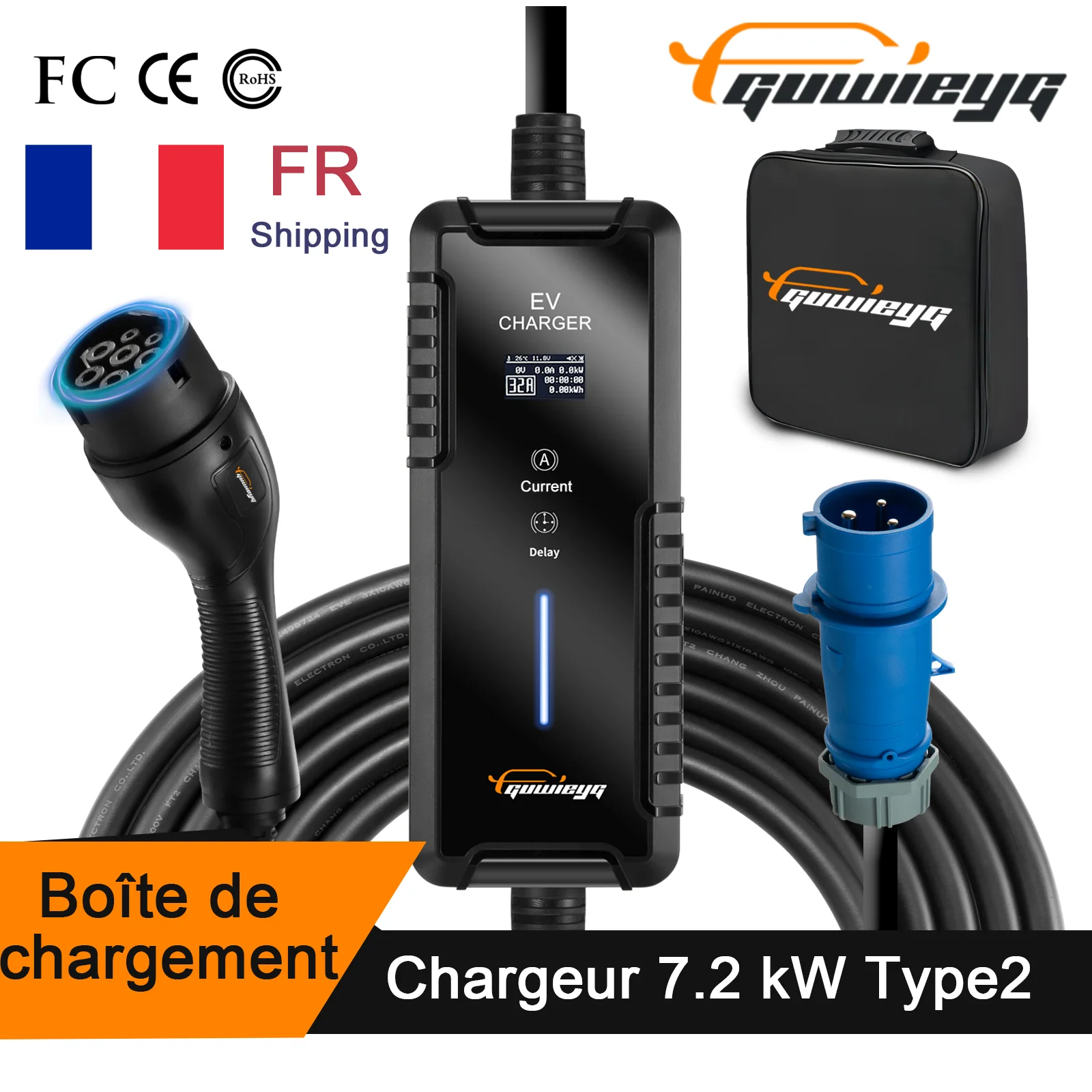 Electric Car EV Portable Charger 32A 7KW EVSE Charging Cable Type 2 IEC62196 CEE Plug Controller Wallbox Delayed Charging