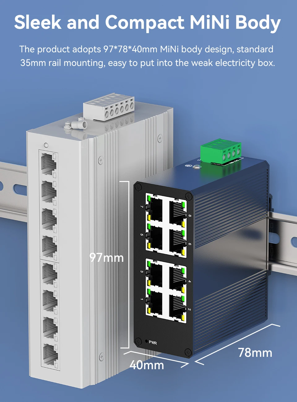 HORACO 8 Port 100 M Industrieschalter 10/100 M Mini Industrie Ethernet Netzwerk-Switch DIN-Schiene Plug-and-Play IP40-Schutz – Detail 10