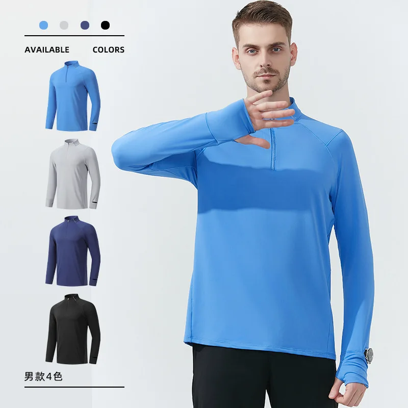 

Sports long sleeved men's spring and autumn half zip high neck quick drying T-shirt for fitness, running, cycling,