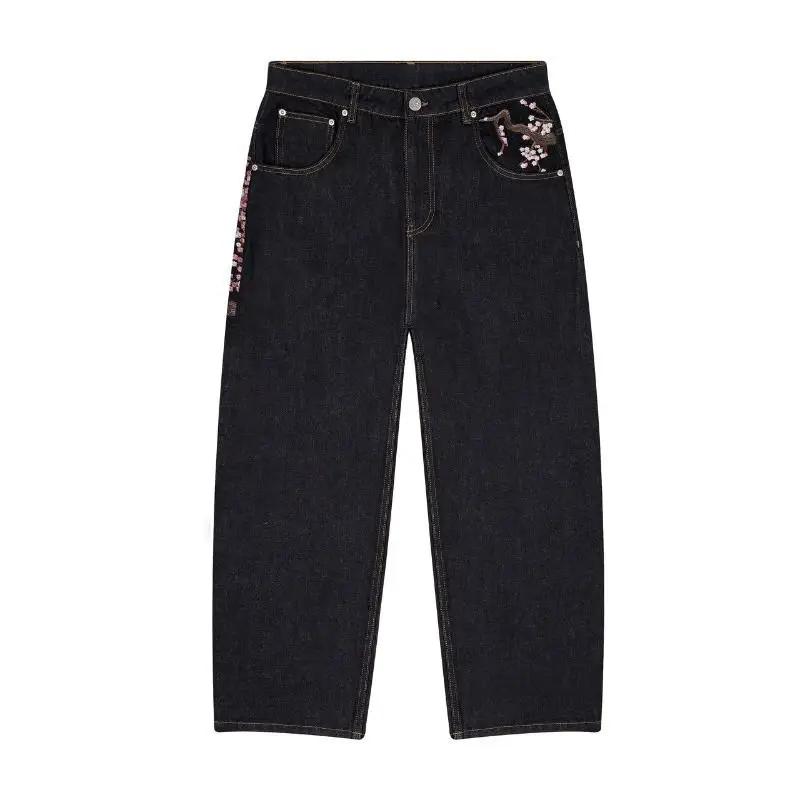 Deeptown Y2k Vintage Pruimenbloesem Borduren Vrouwen Jeans Harajuku Wijde Pijpen Amerikaanse Stijl Denim Broek Baggy Hip Hop Streetwear