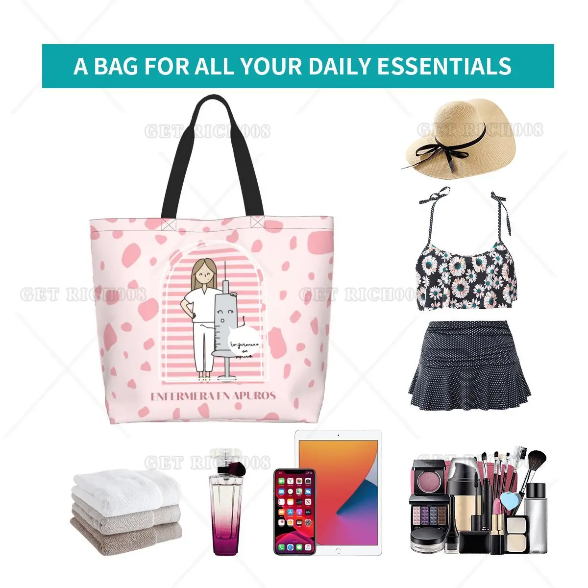 Bolsa de comestibles de gran capacidad para hombre y mujer, bolsas de compras con rayas rosas, para Doctor, Enfermera, Apuros, Ulzzang