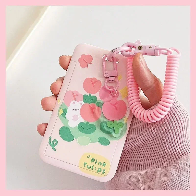 School Students Card Protectors ID Bank Cards Cover Cartoon Tulip Lucky Bear Ins Photocard Card Holder Bags with Keychain