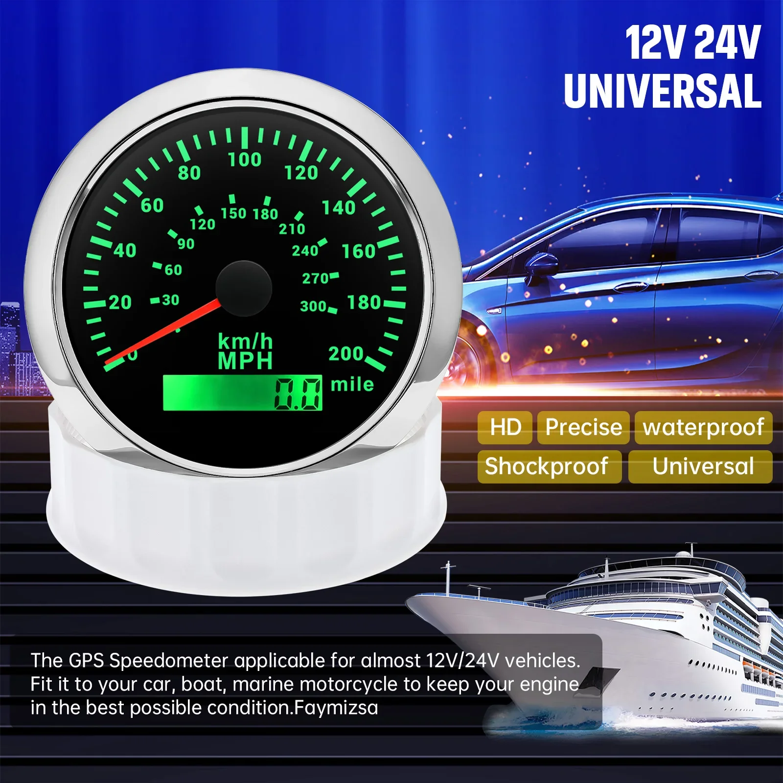 0~300KMH 85mm GPS Speedometer Gauge with Antenna 7 Color Light 200MPH Speed Meter Odometer for Car Boat 12V24V Waterproof Custom