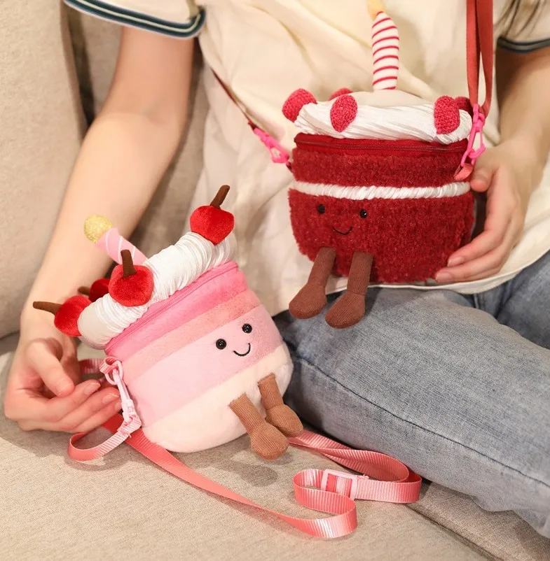 Cherry Cake Plush Shoulder Bag Soothing Doll Birthday Gift Crossbody Bag Cute Color Blocked Mini Wallet Lightweight Purse