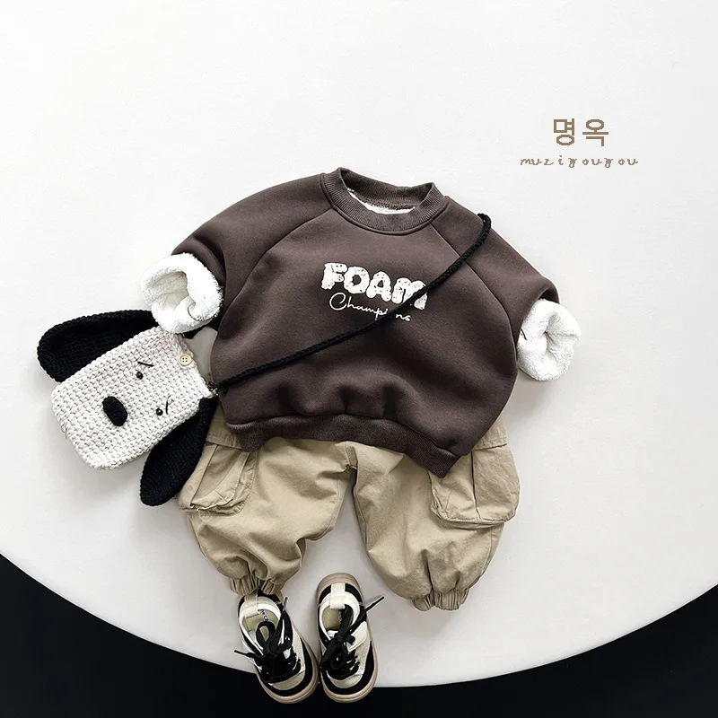 Boys Plus Fleece Hoodie Winter New Boy One Body Fleece Warm Top Girl Baby Everything Korean Simple Style Fashion Hoodies