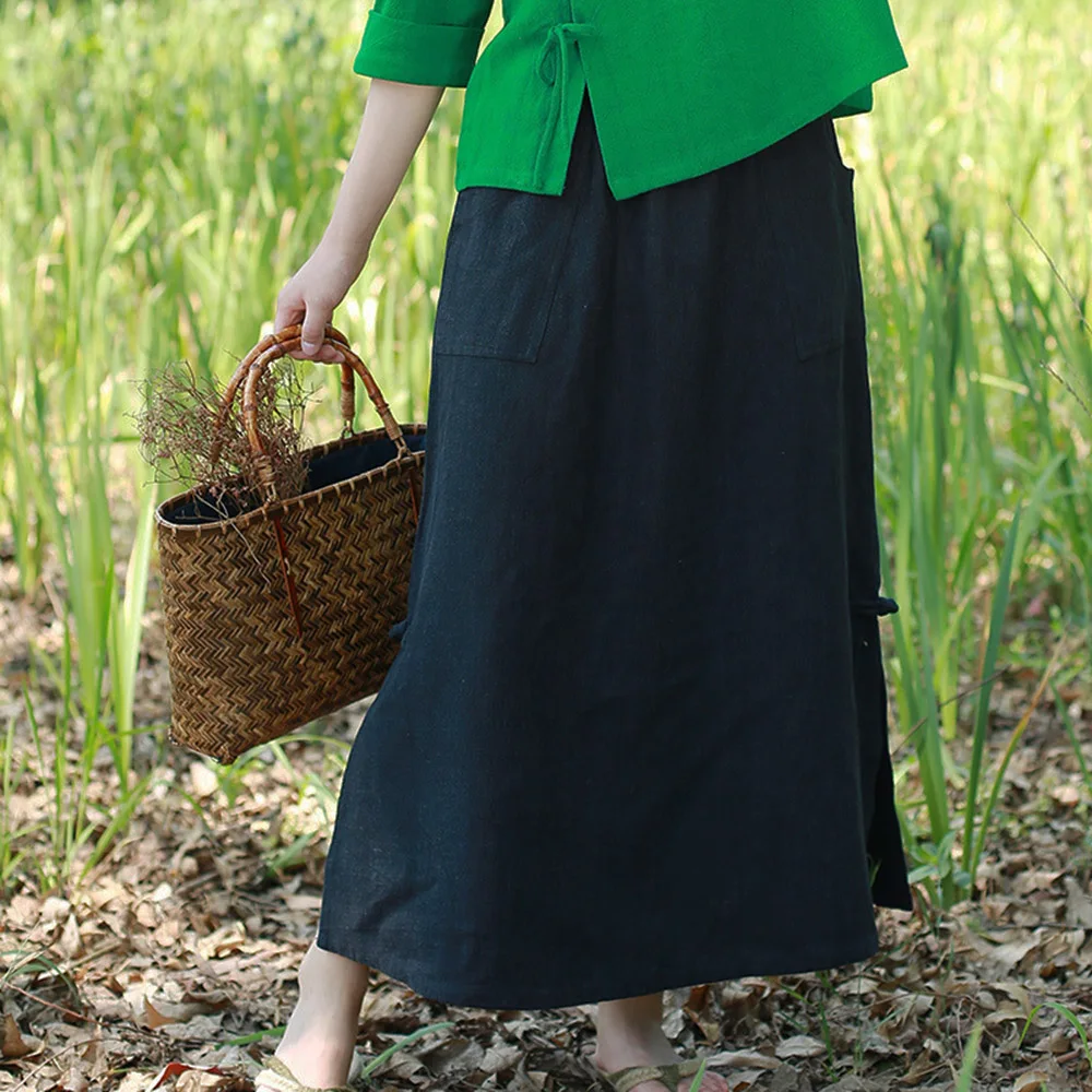 الملمس الأصلي القطن الكتان بلون نصف تنورة المرأة الربيع سميكة أكثر من عالية الخصر الترفيه خمر تنورة مع جيوب